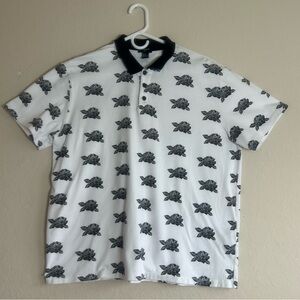 Forever 21 Men’s Polo Shirt XL White Black Rose Print Short Sleeve Collared